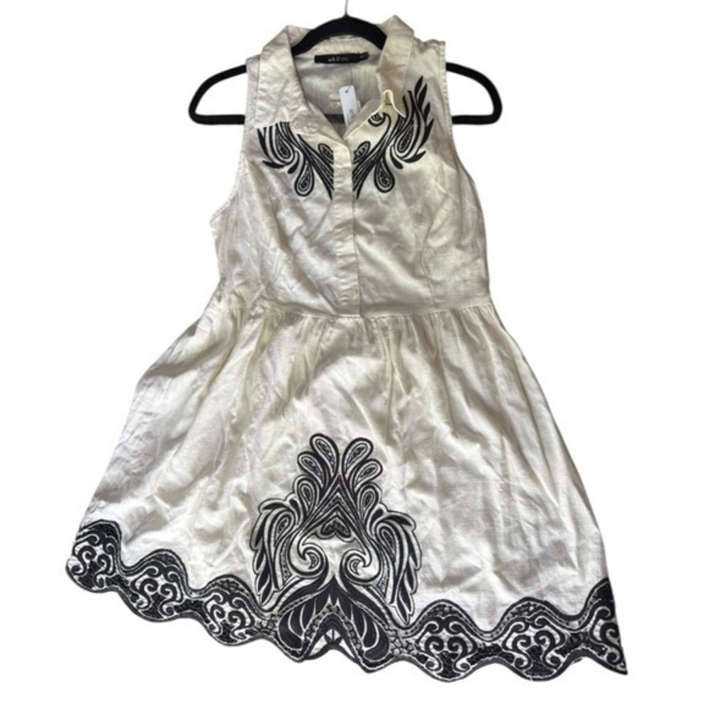 New ▶️ Ark & Co.◀️ White Linen Blend Dress with Black Embroidery Sleeveless